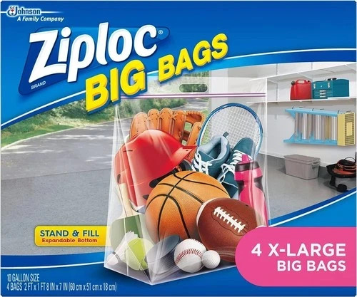 Ziploc Big Bags 4 Count XL 10 Gallon 24”x20”x7” Double Zip Stand & Fill New