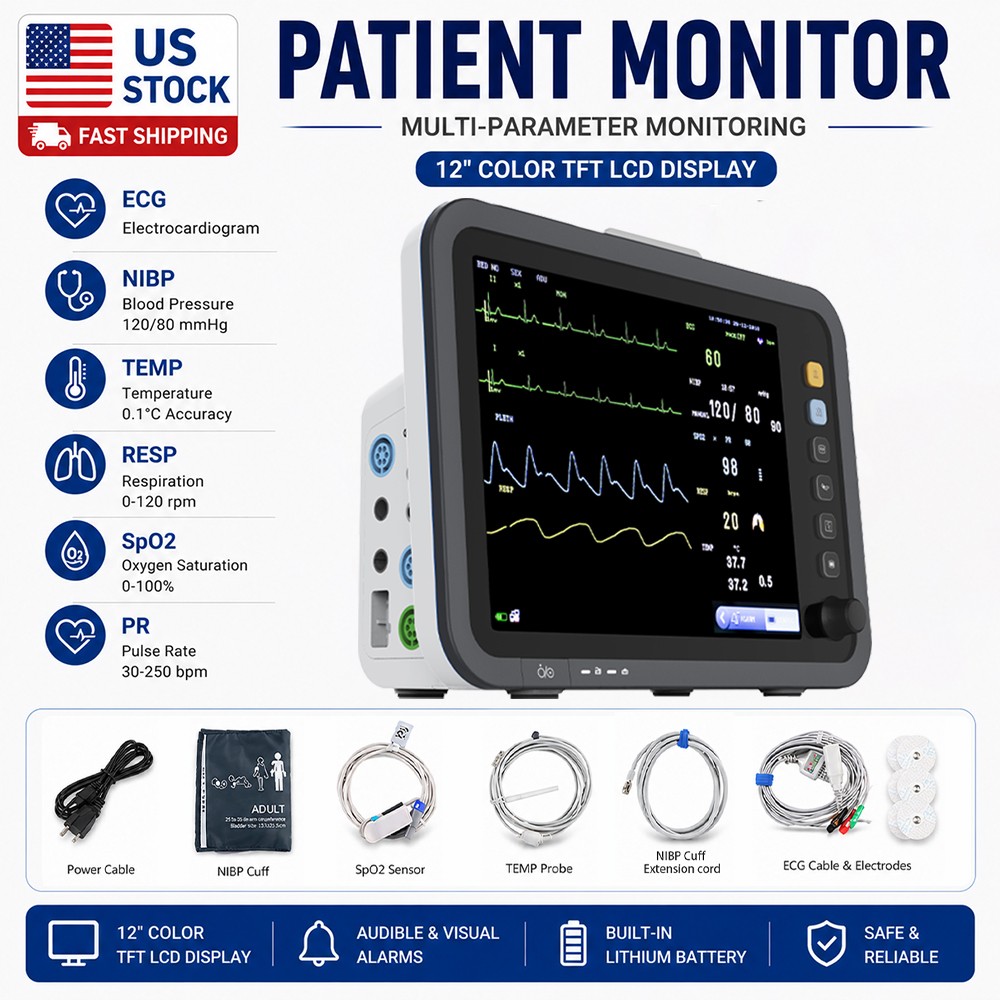 12-Inch Patient Vital Signs Monitor Multi-Parameter ECG/NIBP/TEMP/RESP/SPO2/PR