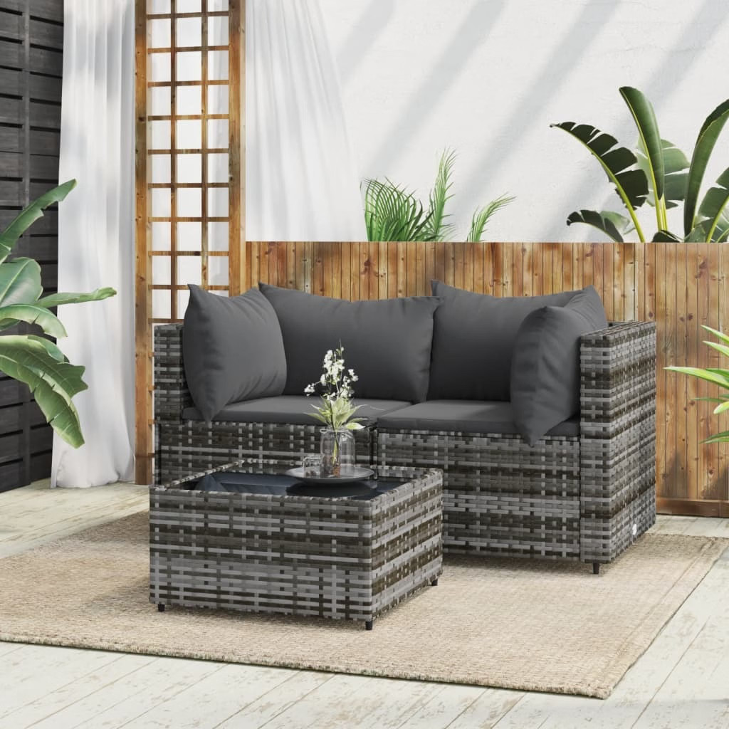 Patio Lounge Set Grey PE rattan, powder-coated steel, tempered glass