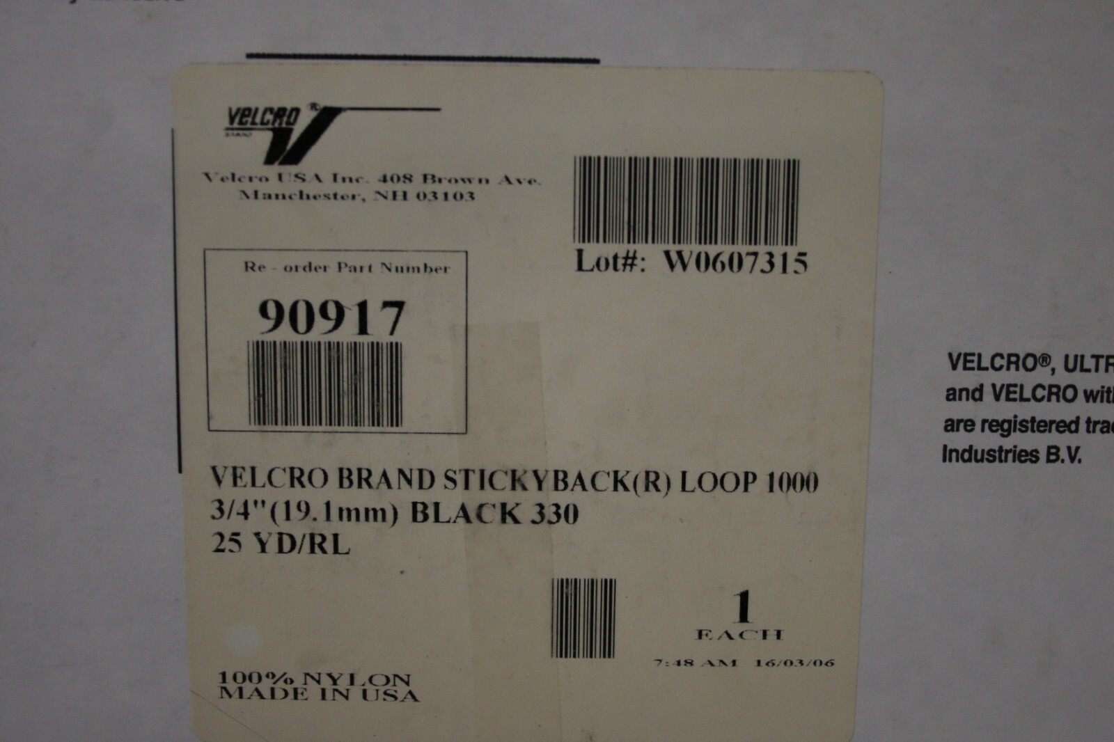 VELCRO Brand STICKY BACK Loop Tape 3/4" x 25yd Black, 90917