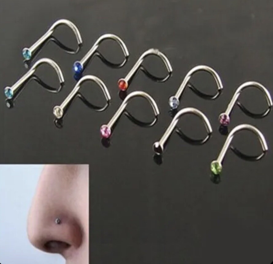 10 Rhinestone Surgical Steel Screw Nose Studs for Body Piercing 22G (0.6mm)