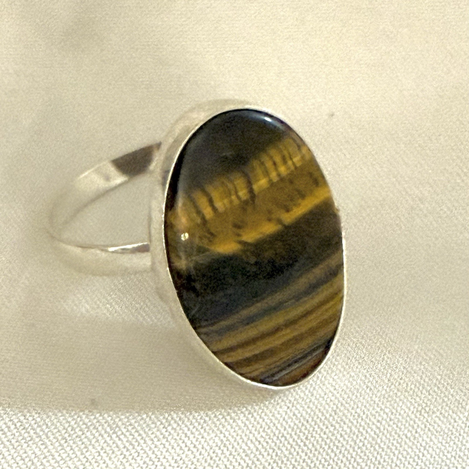 Genuine Tiger’s Eye Ring Silver Tone Statement Boho Artisan Style Sz 8
