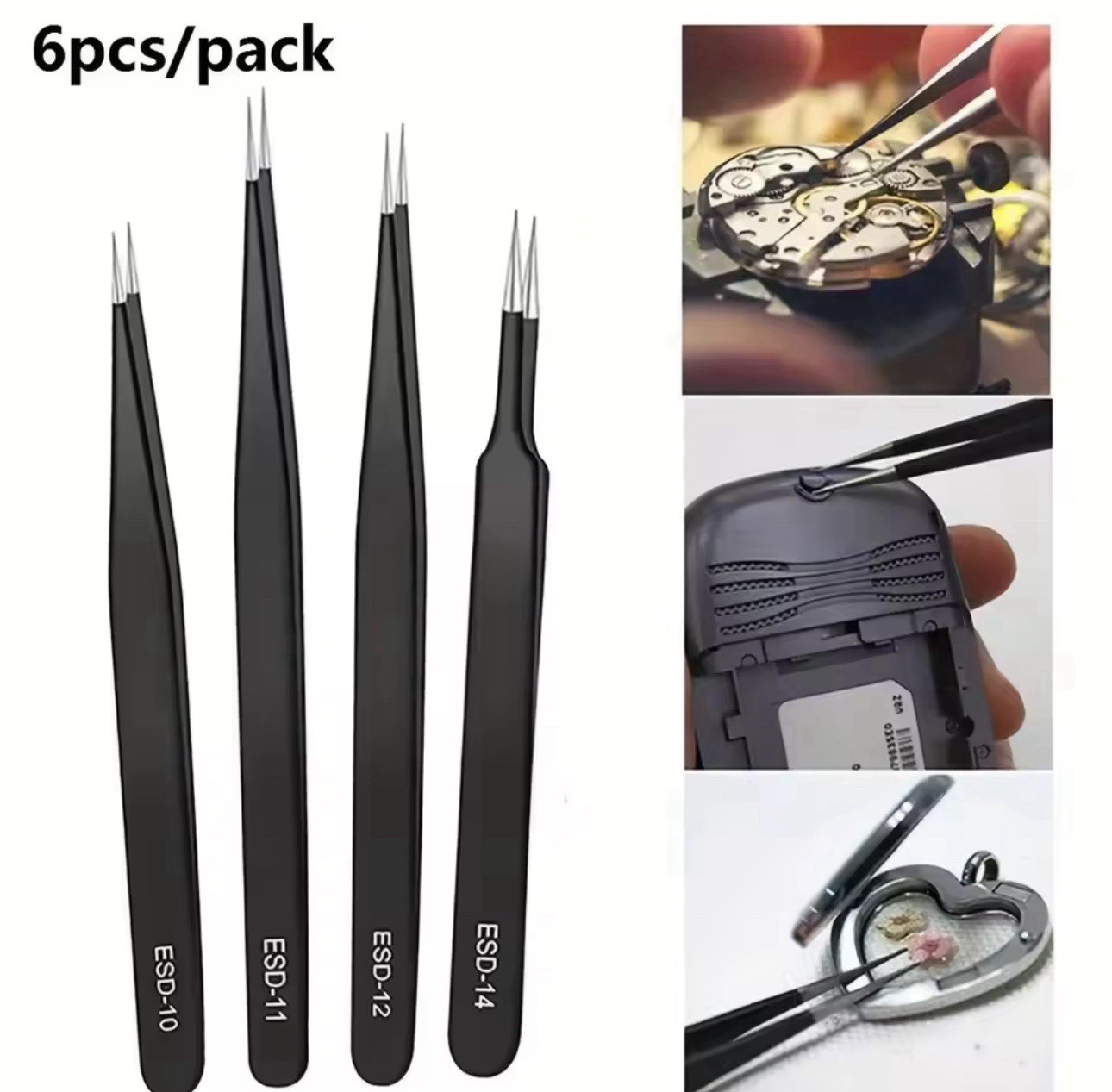 6pcs Precision ESD Anti-Static Tweezers Set Stainless Steel Repair Tools