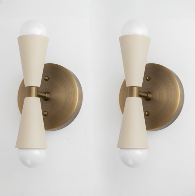 Pair of Mid-Century Brass Italian Diabolic Wall Sconce Light Fixture Pair 2 Bulb