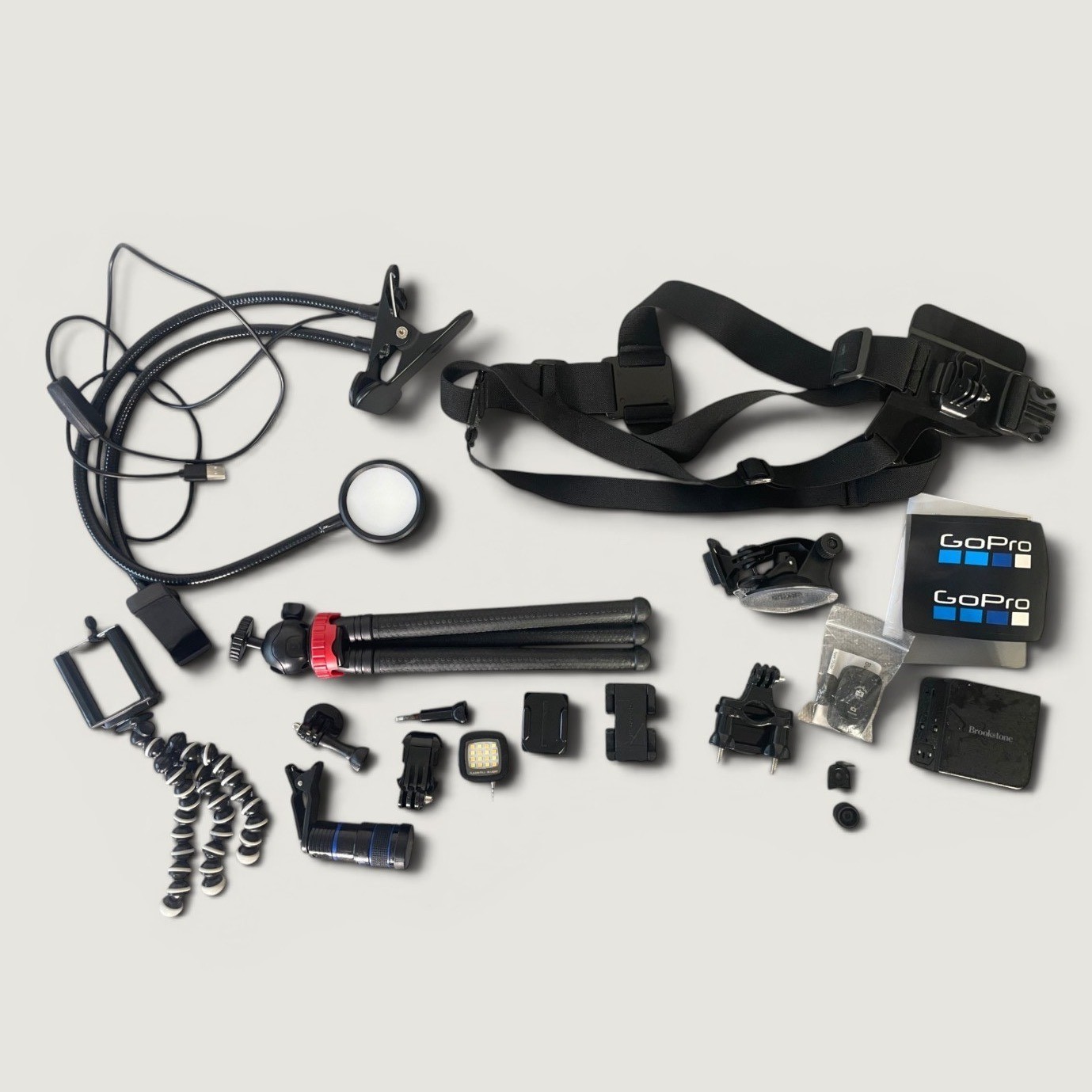 Action Camera Accessory Lot Chest Mount Mini Tripod LED Ring Light Suction Cup