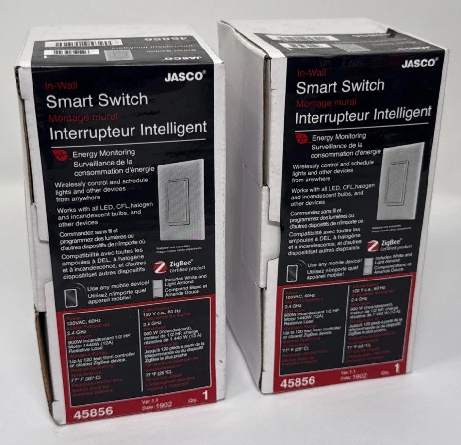 2-Pack Jasco Zigbee In-Wall Paddle Smart Switch 45856 White/Lt Almond Faceplates