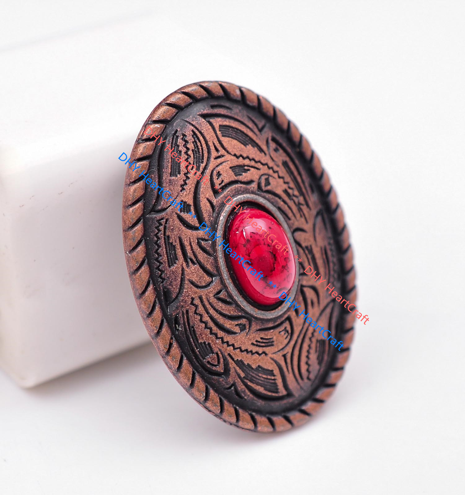 10X Antique Copper Western Saddle Tack Belt Oval Red Bead Leather Craft Conchos