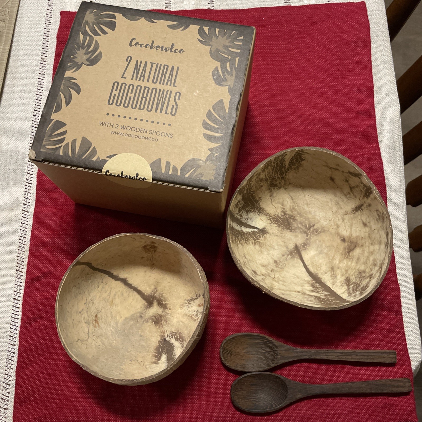 2 Natural Cocobowls With Wooden Spoons