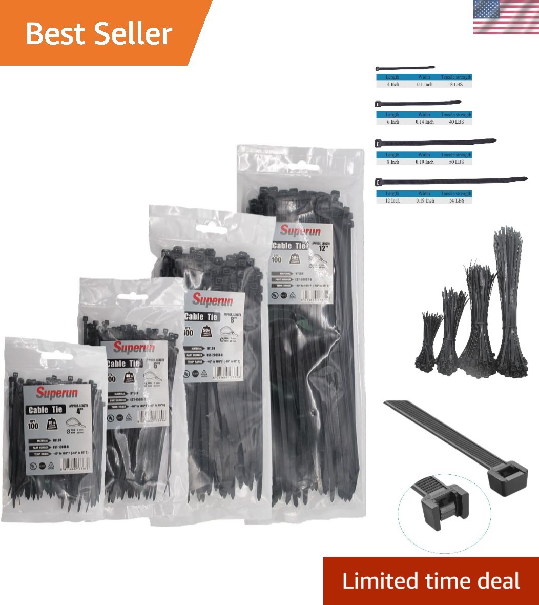 Durable 400-Piece Nylon Zip Ties - Black Assortment for Garden, Office & Home