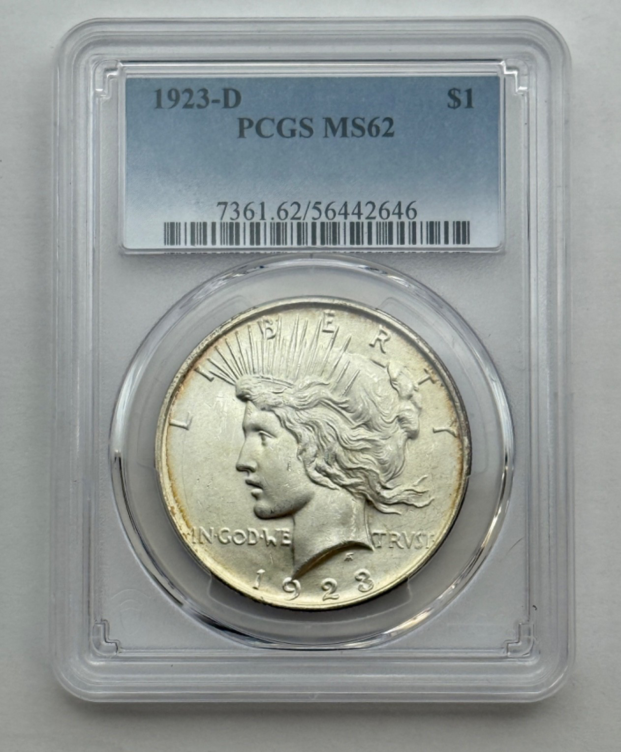 1923-D $1 Peace Silver Dollar, MS62 PCGS, Uncirculated Coin.