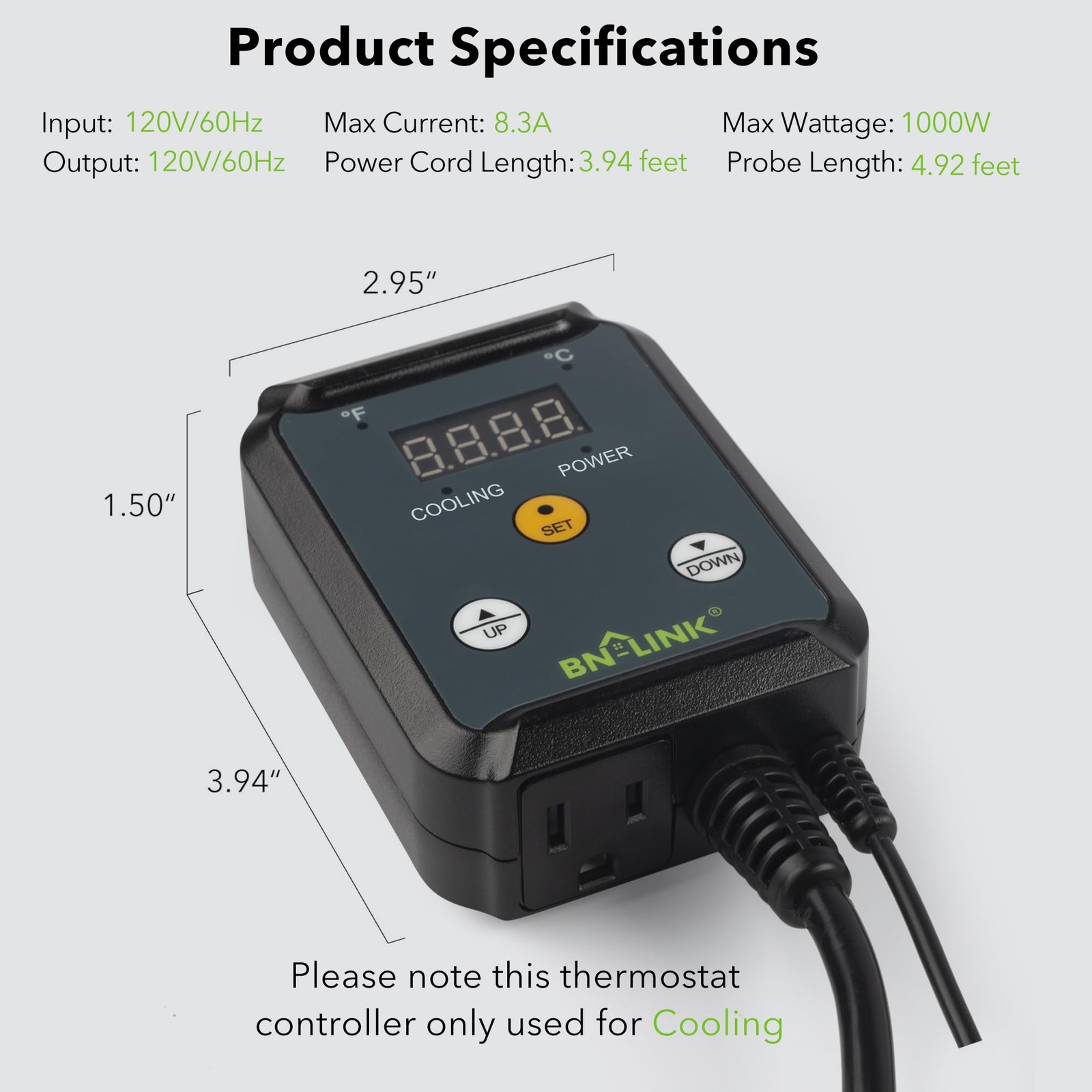 BN-LINK Digital Cooling Thermostat Controller, Temperature Cooling, Green