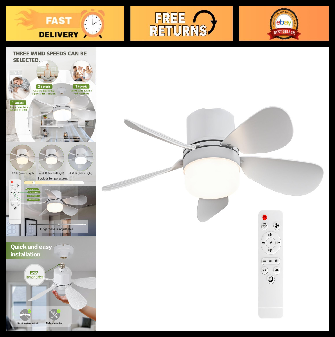 Remote Control Socket Fan Light - Portable Ceiling Fan with Dimming, 1000 Lumens