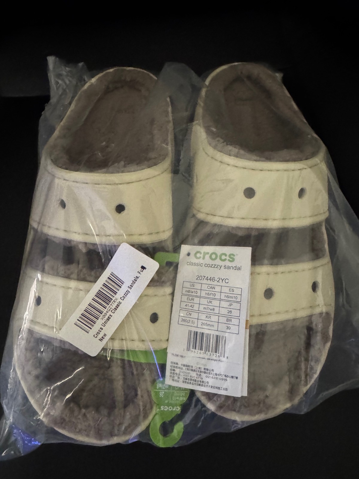 Crocs Women’s Classic Cozzy Sandal NEW WITH TAGS Size 10 Color Bone faux fur