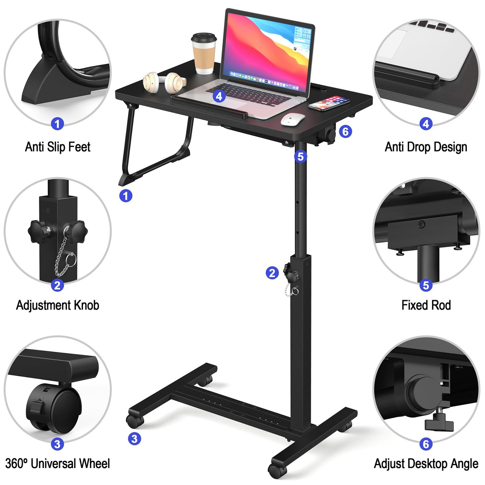 Eocnrhe Adjustable Overbed Bedside Table Hospital Bed Table Wheels Portable Roll