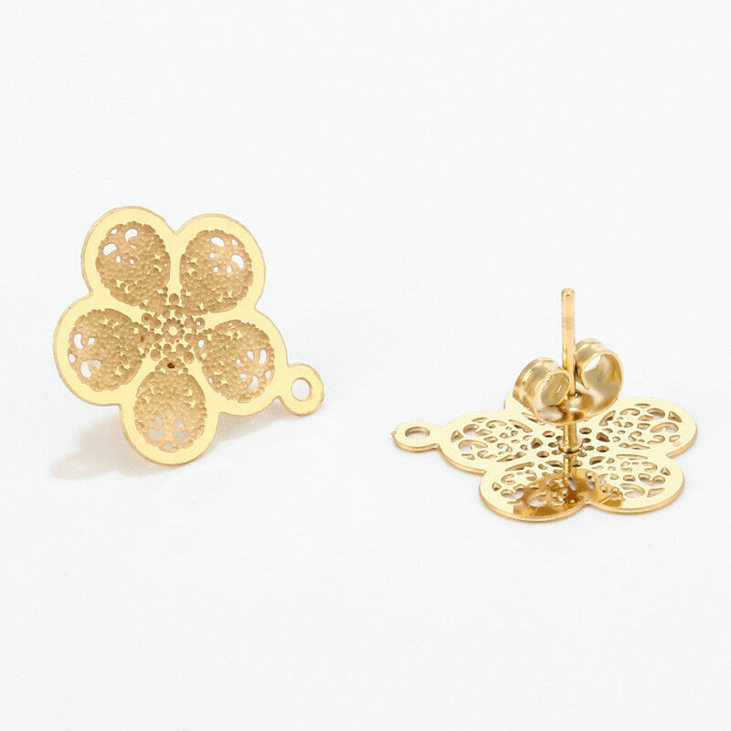50pcs/lot Gold plated Stainless Steel Flower Earring Posts with ring