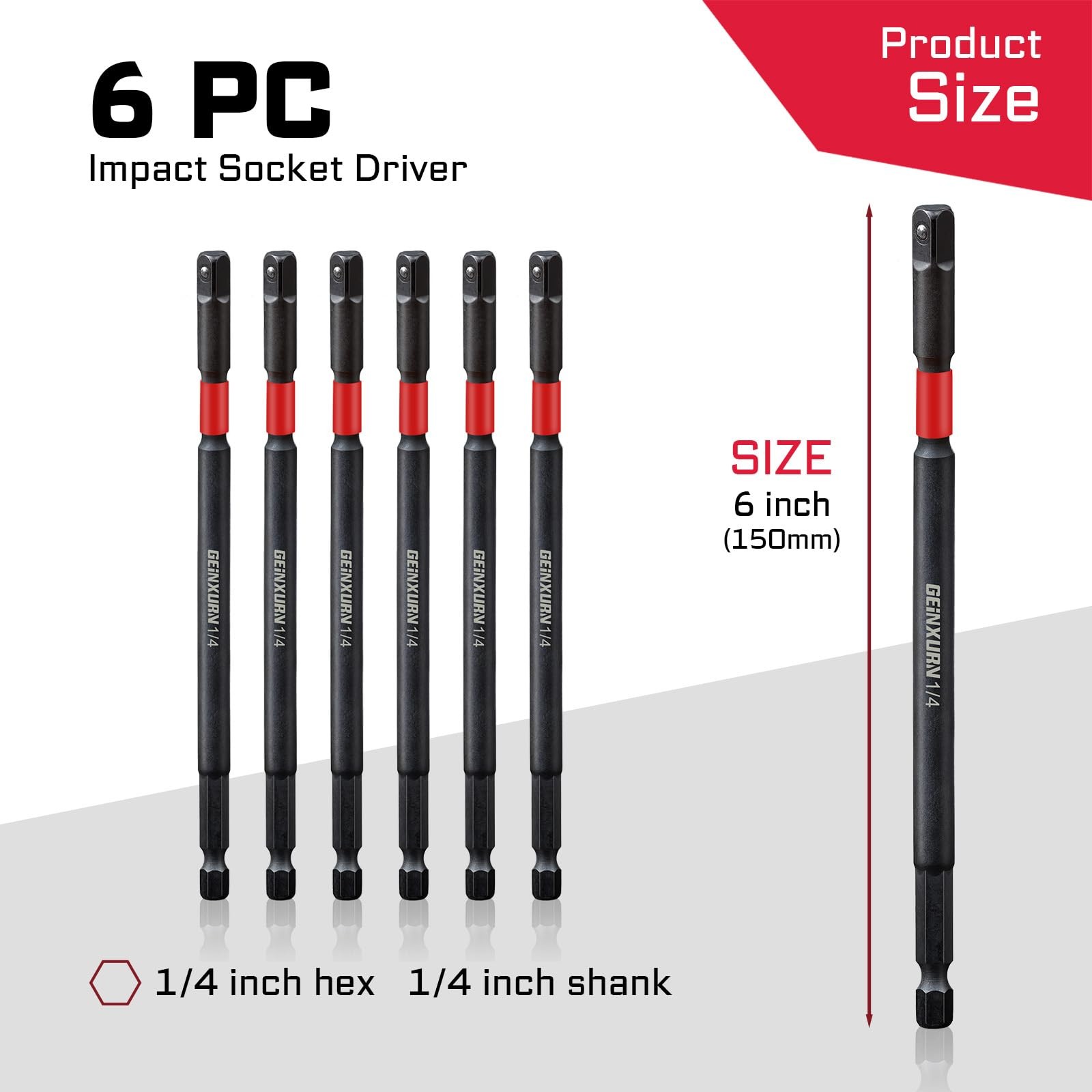 Geinxurn 6Pcs Impact Socket Adapter Set,1/4" Drive Square, 6Inches Extension ...