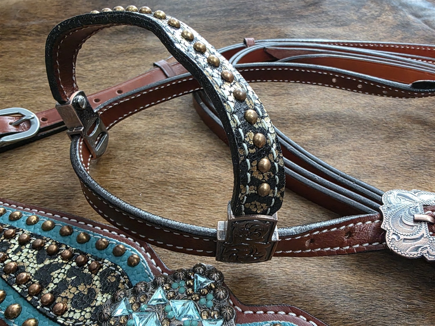 Western Headstall - Fringed Breastcollar - Reins - Metallic Leopard - Turquoise