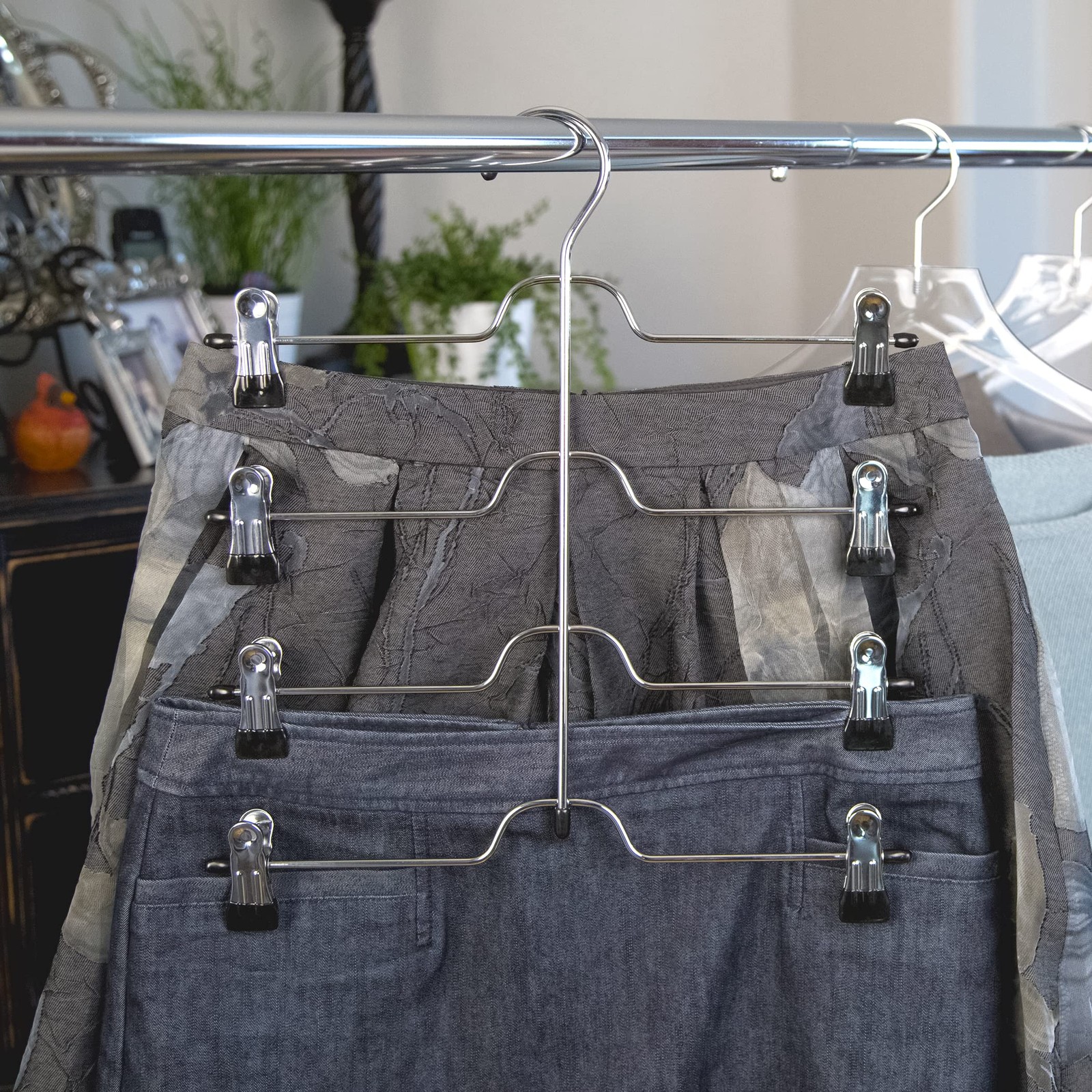 4 Tier Trouser/Skirt Hanger - Chrome & Black Vinyl - 2 PACK