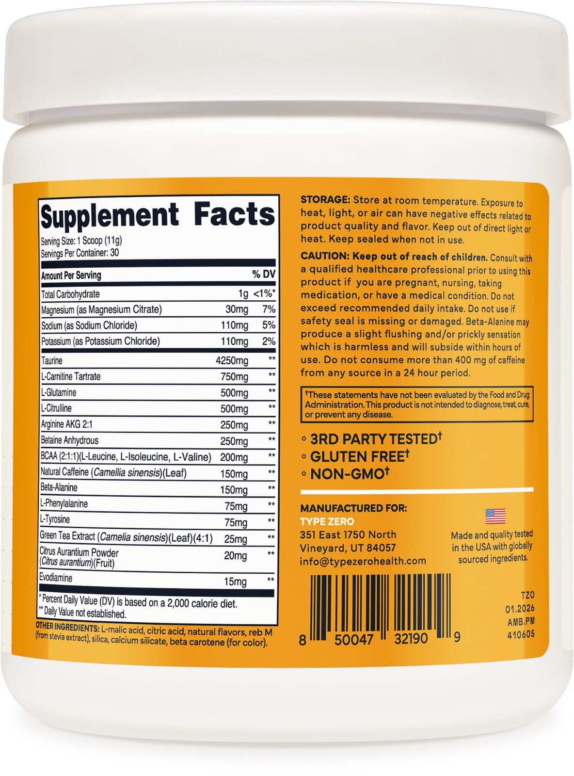 Type Zero Amino Burn (Peach Mango) 30 Servings - Pre Workout with Vegan BCAAs