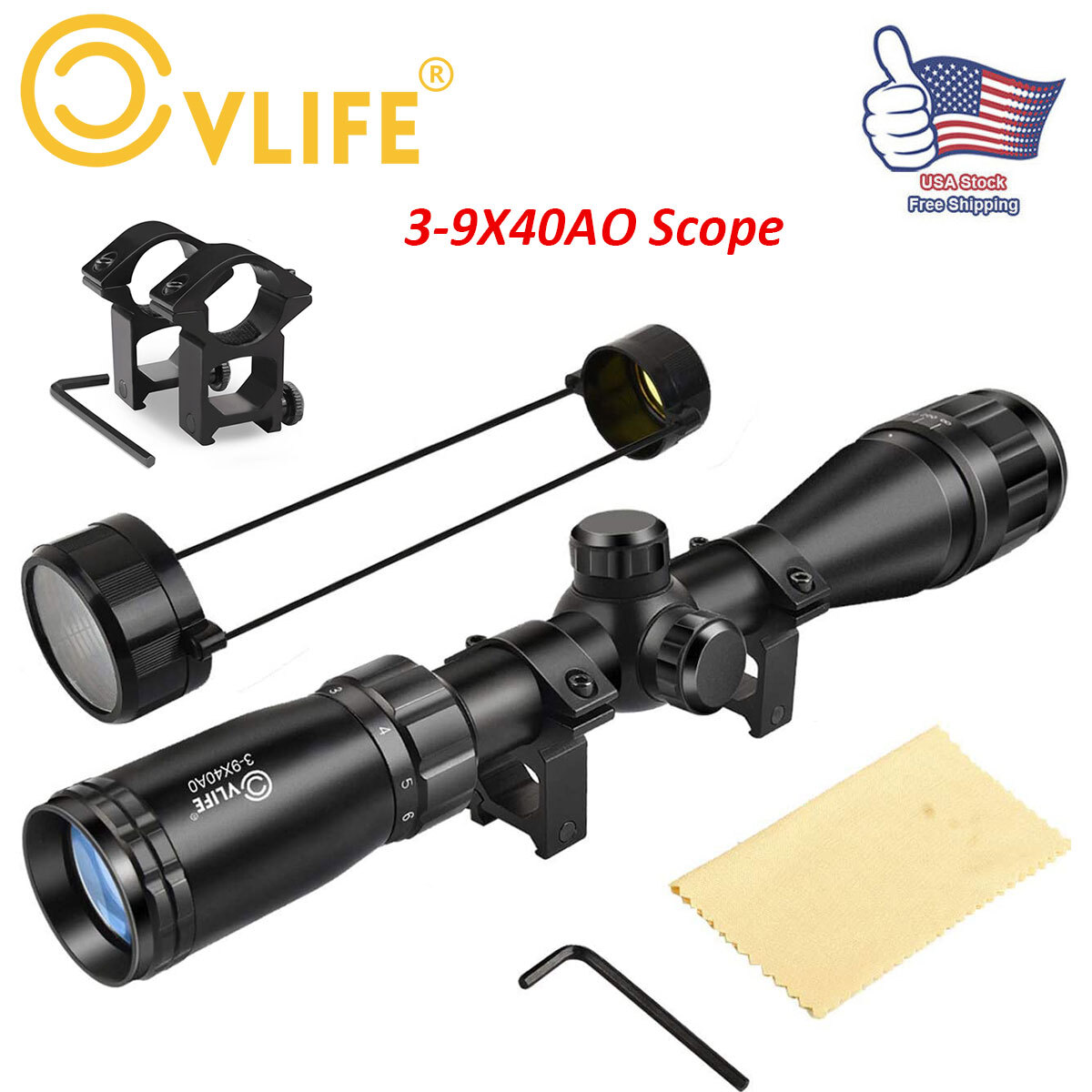 3-9x40AO Scope With 20mm Ring Mounts For Rifle/Air Gun/Crossbow/Shotgun Hunting