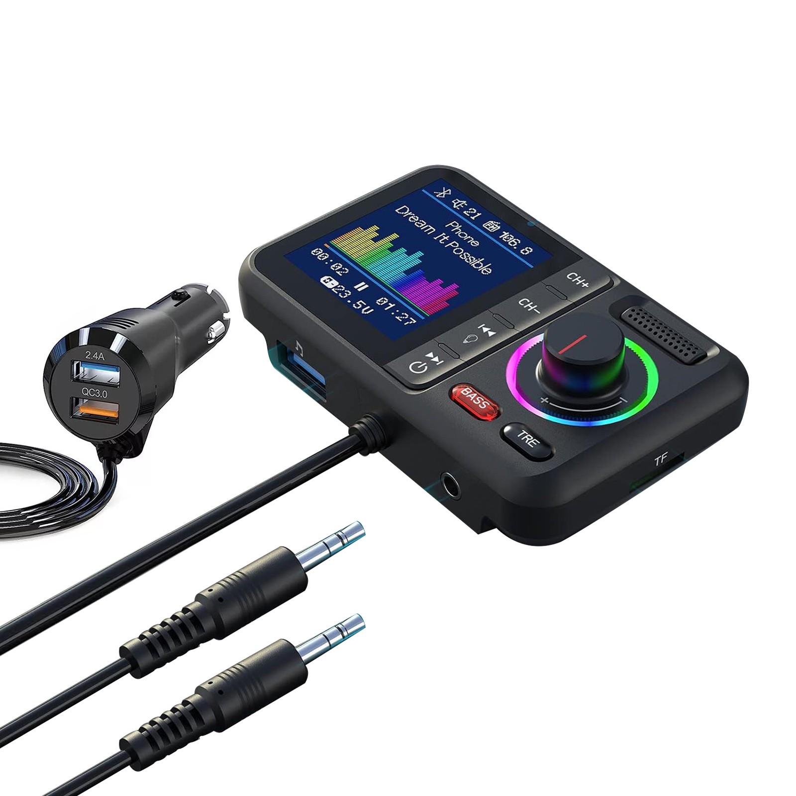 ABS Bluetooth 5.0 Car Wireless FM Transmitter Adapter 2USB PD Charger AUX
