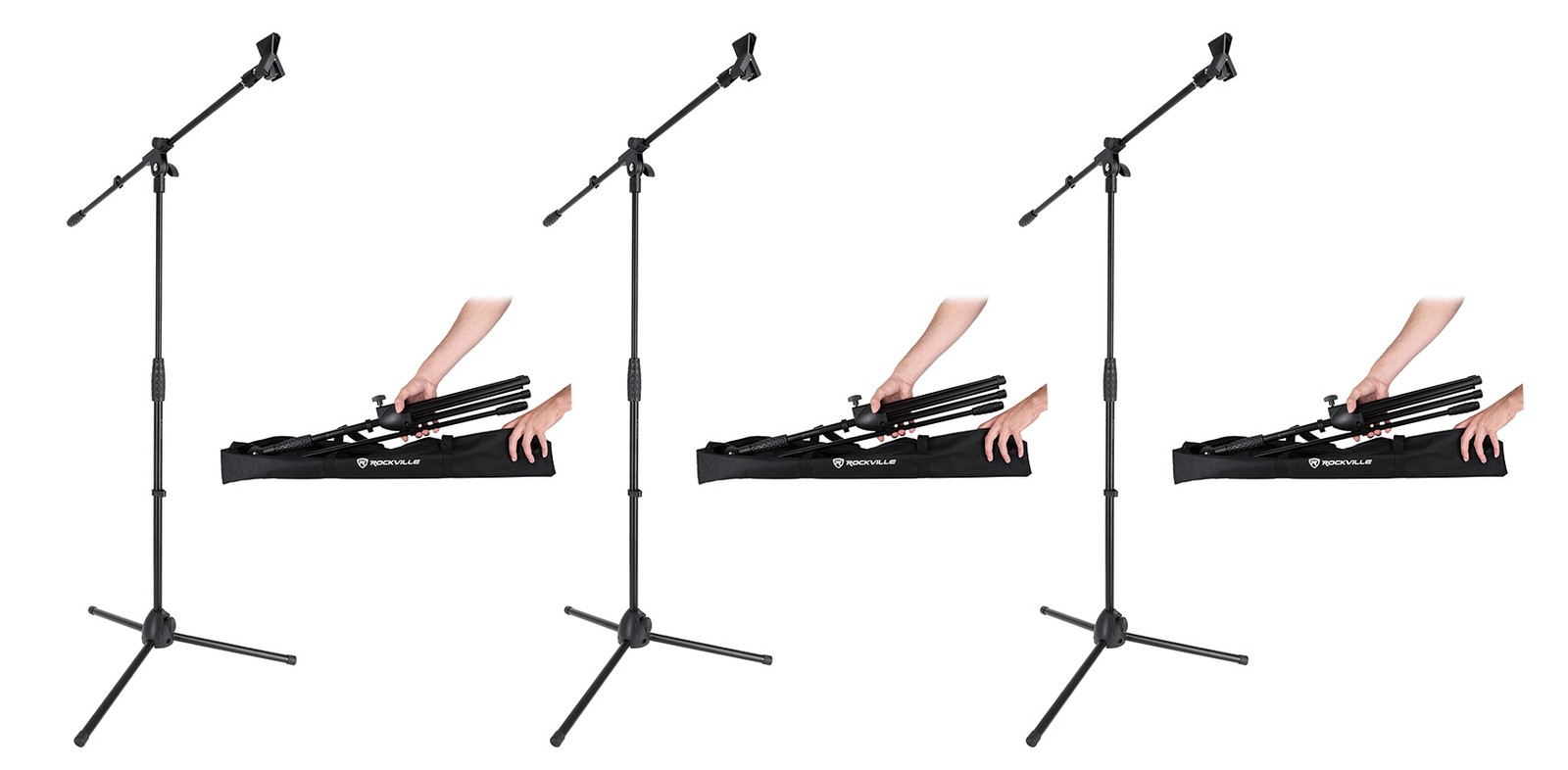 (3) Rockville RVMIC50 Portable Mic Stands w/ Boom Arms, Carry Bags, Adjustable