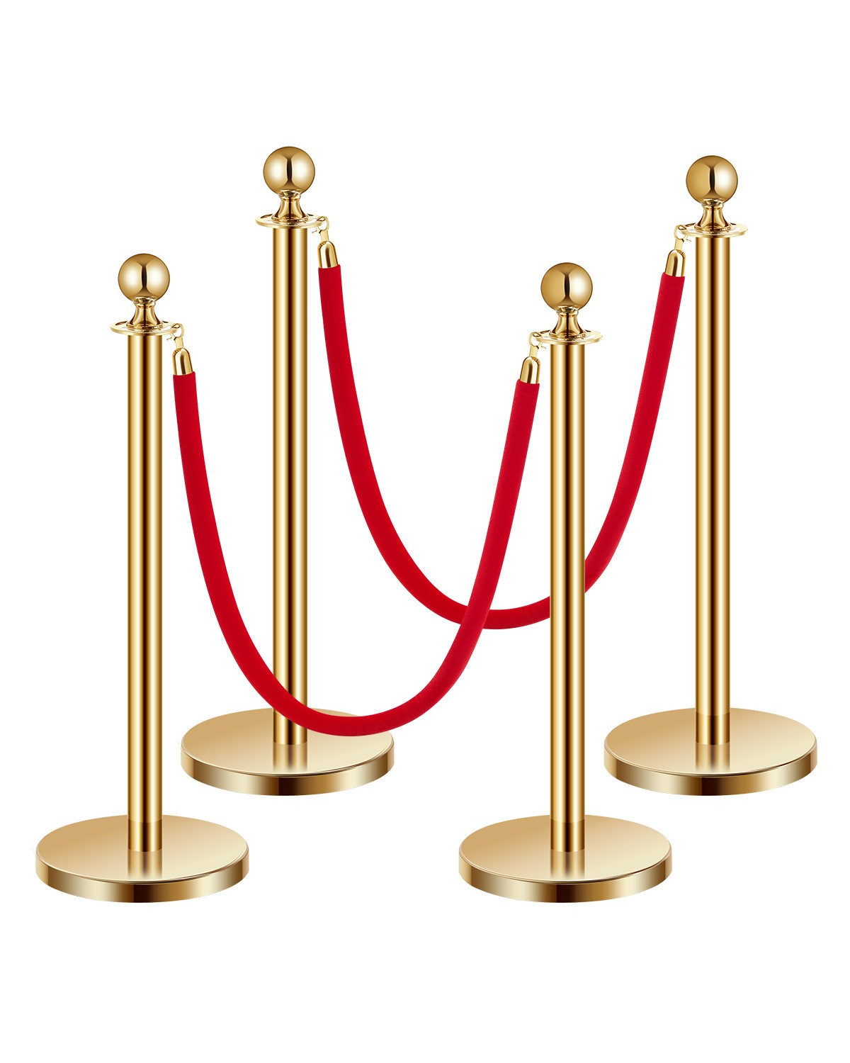 4 Pcs Gold Stanchion Post 2 Red Velvet Ropes Sand Injection Hollow Base