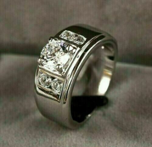 Round Cut Lab-Created 2.10 Ct Diamond Men's Wedding Ring 925 Sterling Silver