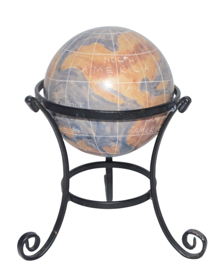 Mini Globe with Stand Hand Painted Soapstone  Paperweight 5 1/2" Tall Blue Tan