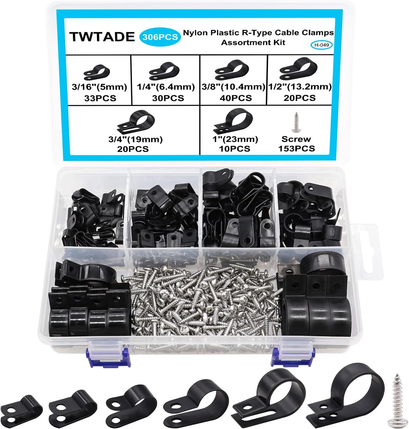 306PCS R-Type Cable Clamps Kit 6 Sizes With Screws Black Wire Mounting Organizer