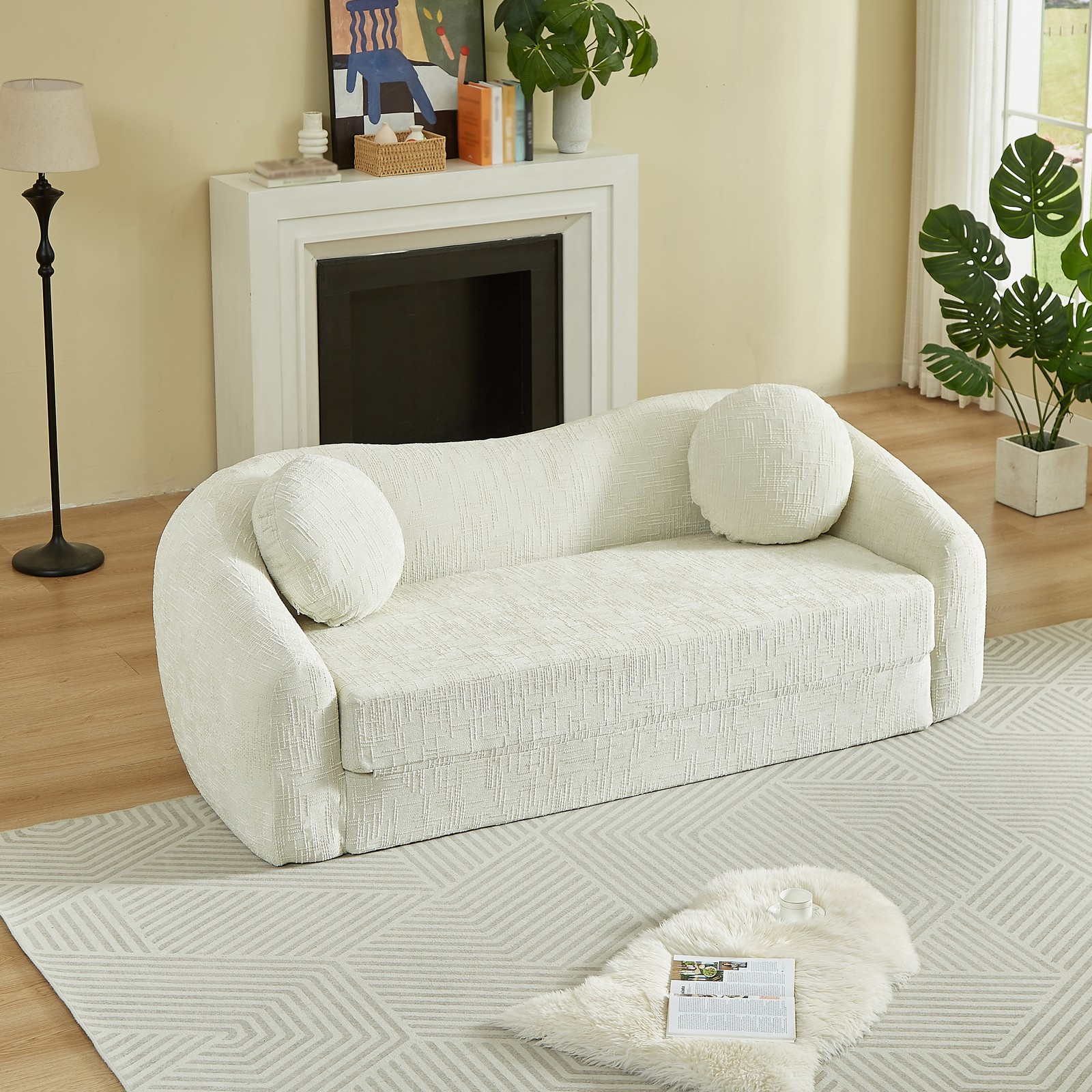 Curved Convertible Sofa Bed 2-in-1 Recliner, Chenille Foldable No Assembly Beige