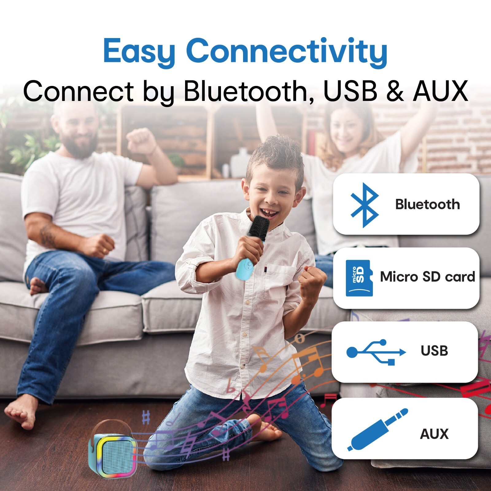 Laser Mini Karaoke Speaker with 2 Wireless Microphones Bluetooth Blue