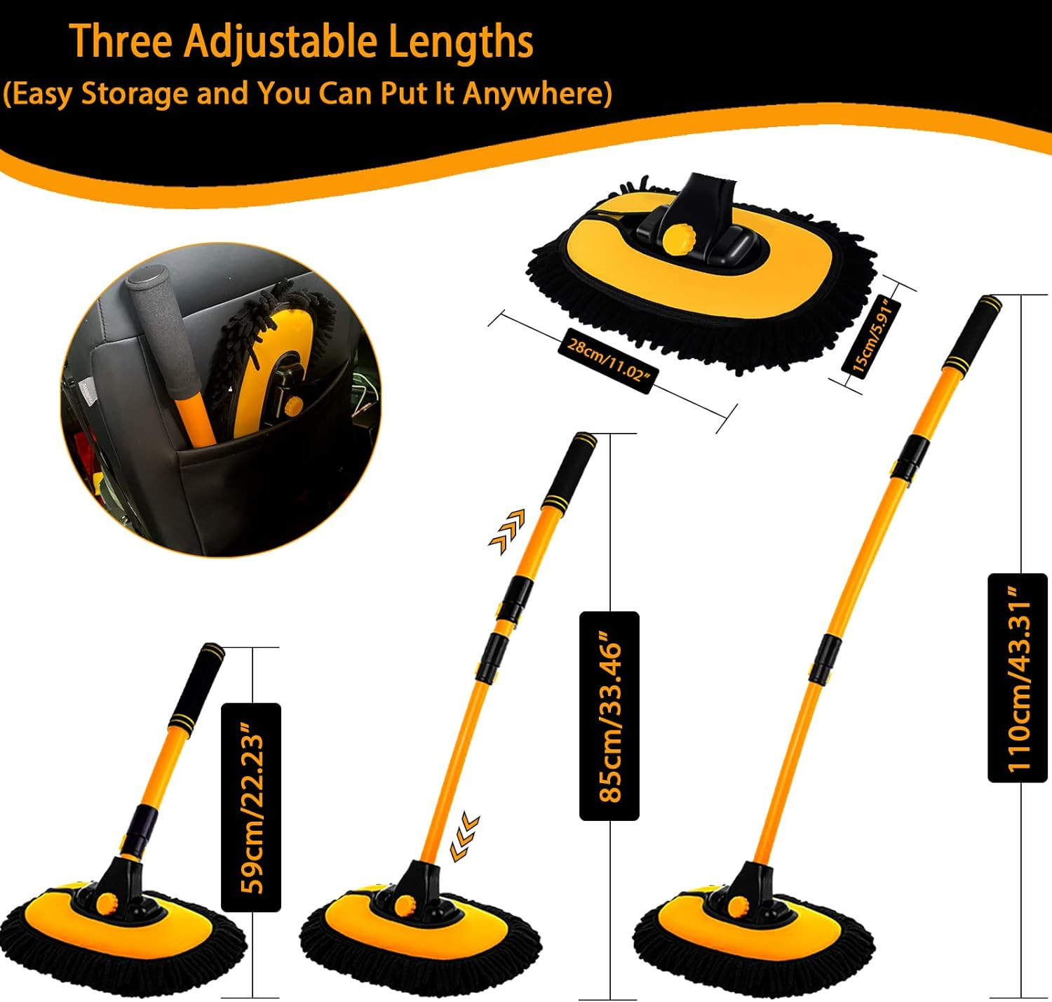 15° Curved Car Cleaning Brush with Telescopic Handle 43" Aluminum Alloy Long Rod