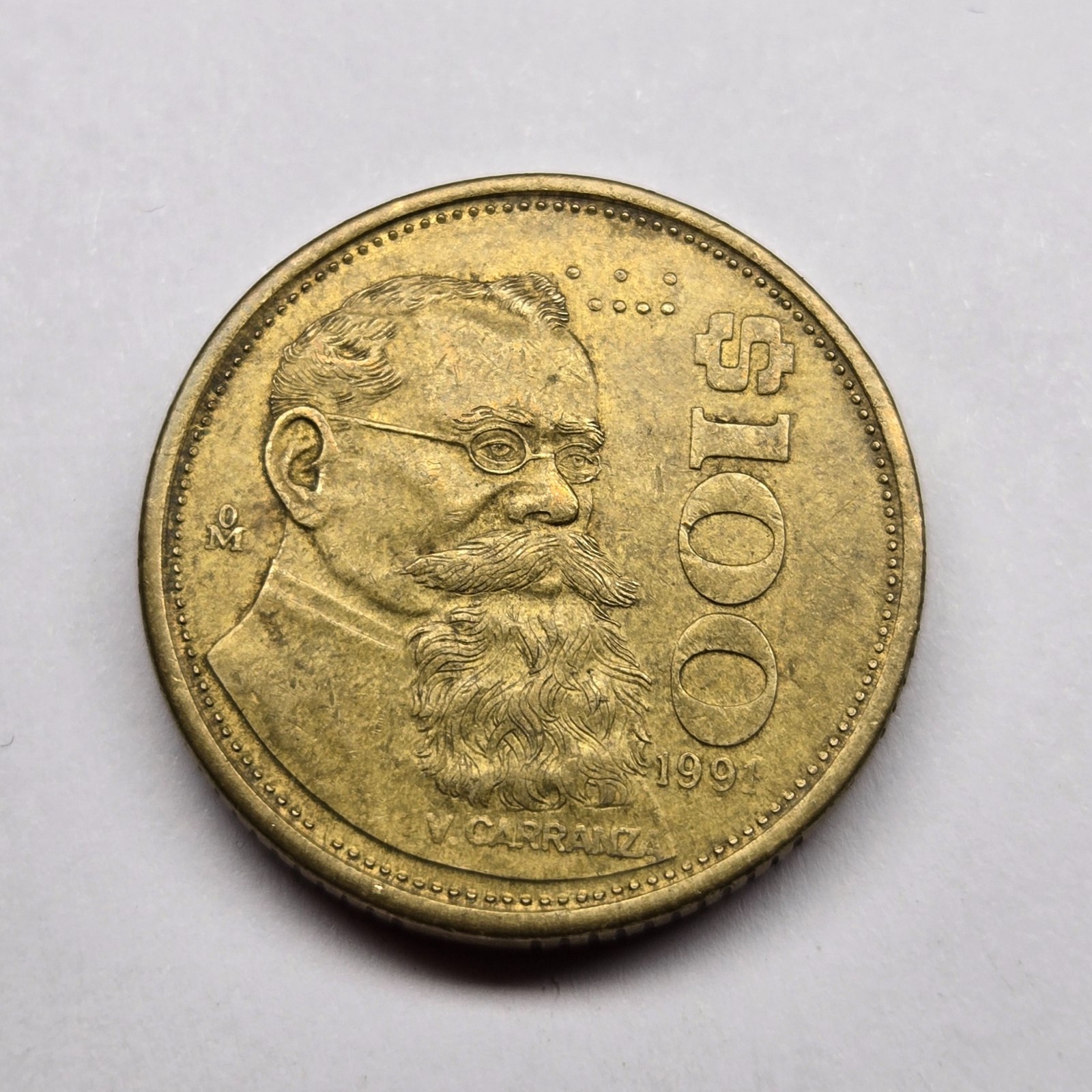 1991 Mexico 100 Pesos Venustiano Carranza Aluminum Bronze Coin KM# 493
