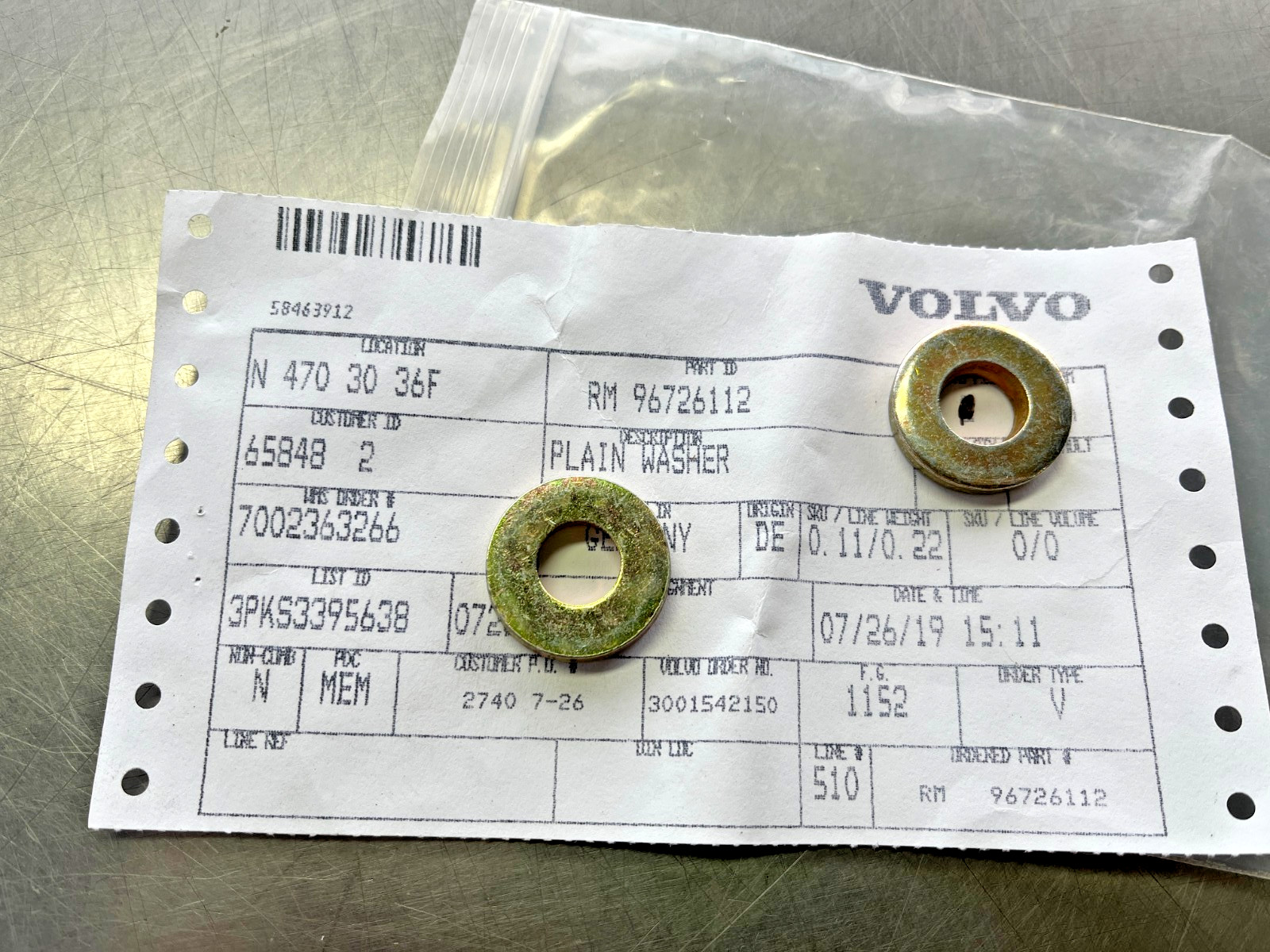 96726112  OEM  Volvo  Plain WASHER  QTY of 2   Ingersoll Rand  RM96726112