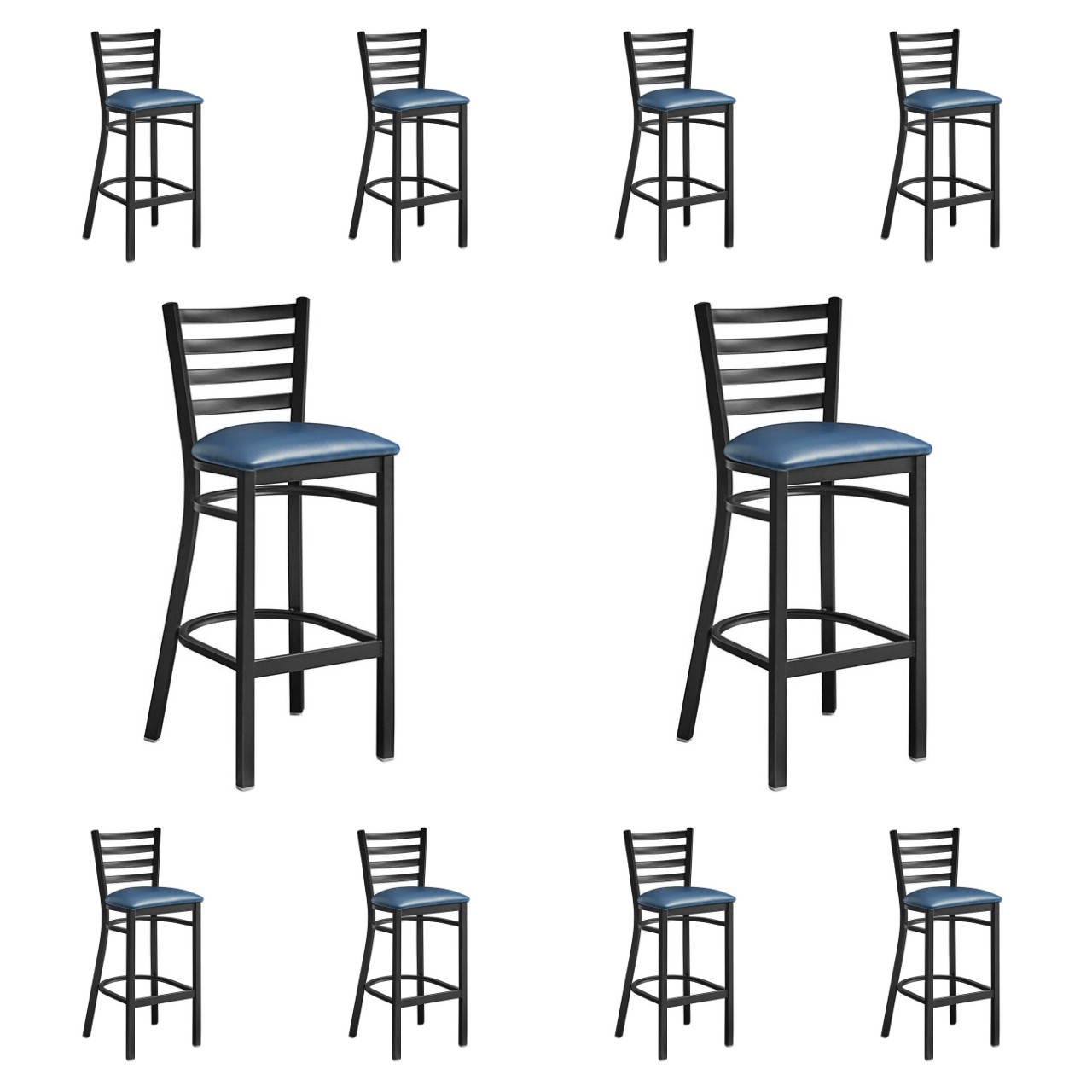 10 PACK Black Ladder Back Metal Restaurant Bar Stool With Navy Vinyl Seat