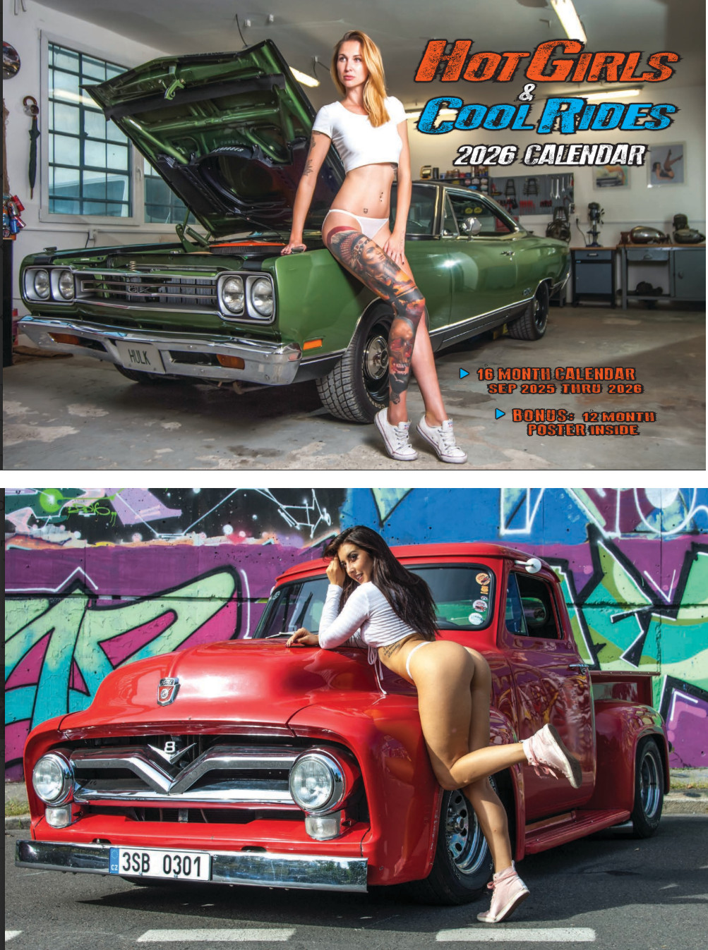 2026 HOT GIRLS & COOL RIDE WALL CALENDAR Sexy Bikini Pin Up Classic Car Truck