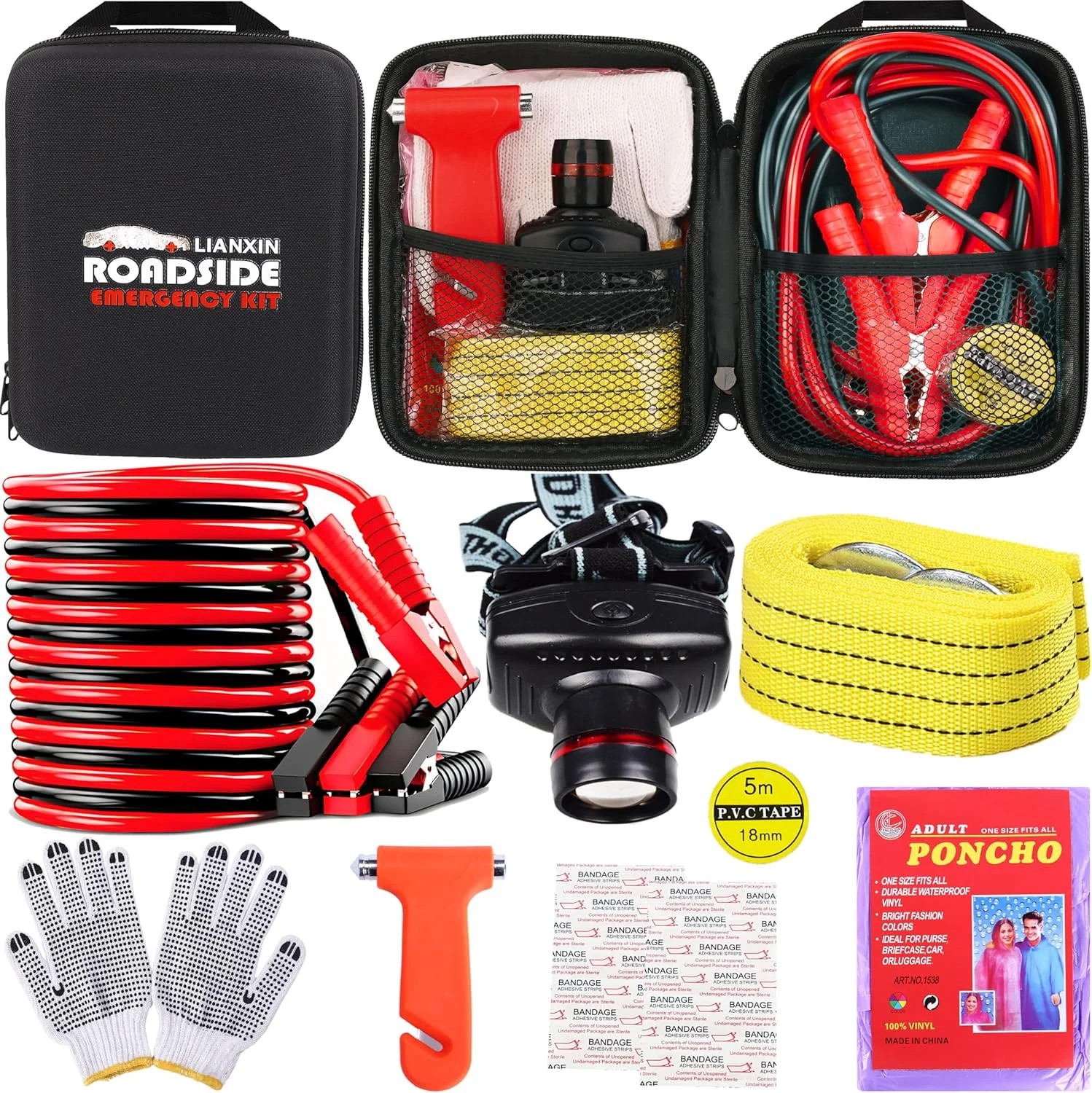 LIANXIN Car Roadside Emergency Kit, with Jumper Cables Automotive Kit,Car Safety