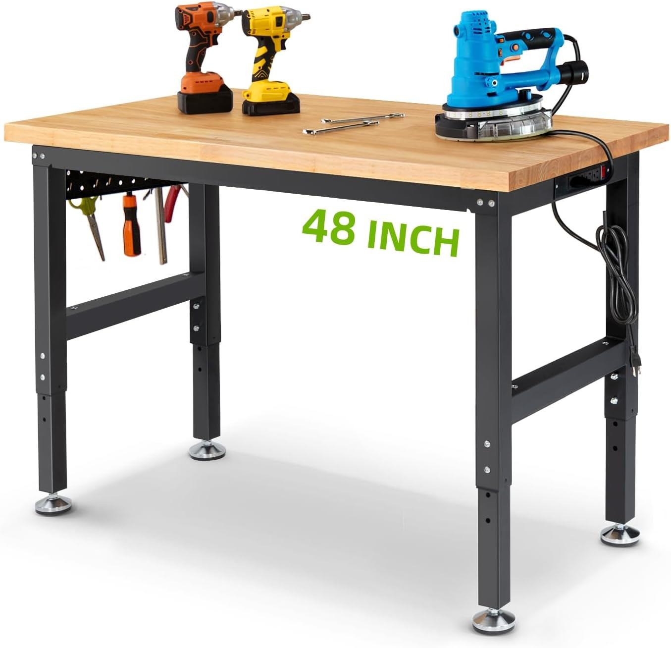 48" X 20" Adjustable Height Workbench Heavy Duty Rubberwood Work Table with Pegb