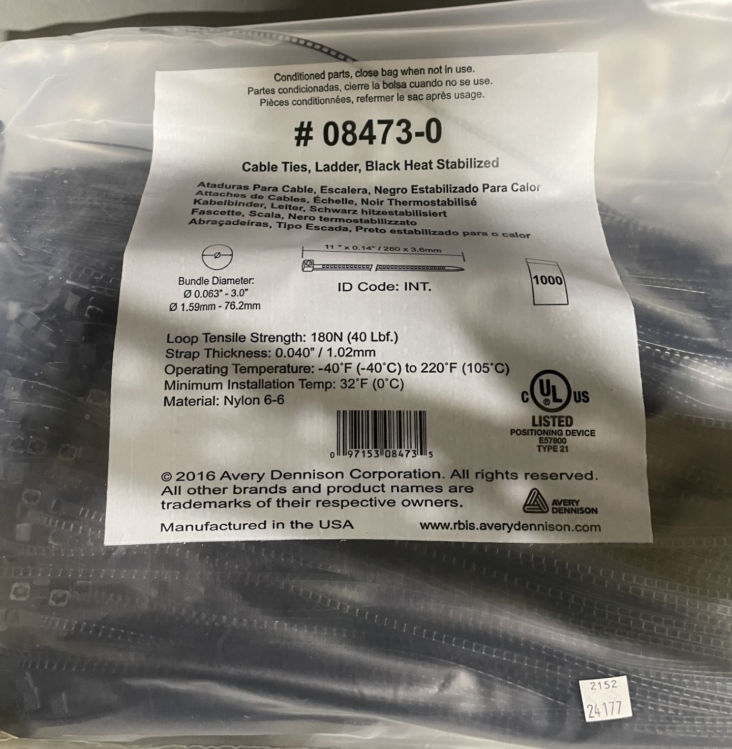 Avery Dennison 08473-0 Ladder Style Cable Ties 11", 40 lbs TS, Black, Pack/1000