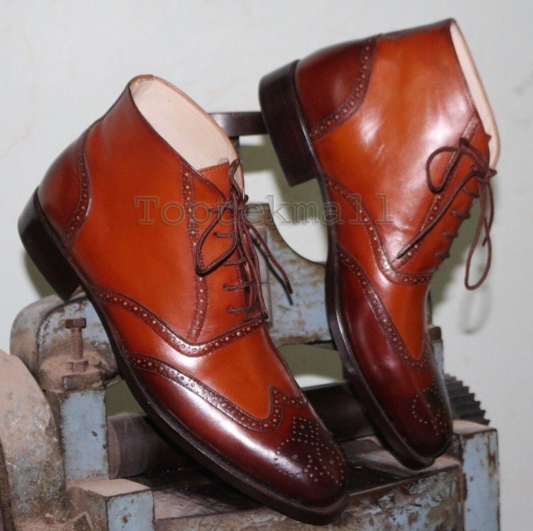 Handmade Men's Leather High Ankle Two Tone Brown Burnished Brogue Toe Boots-585