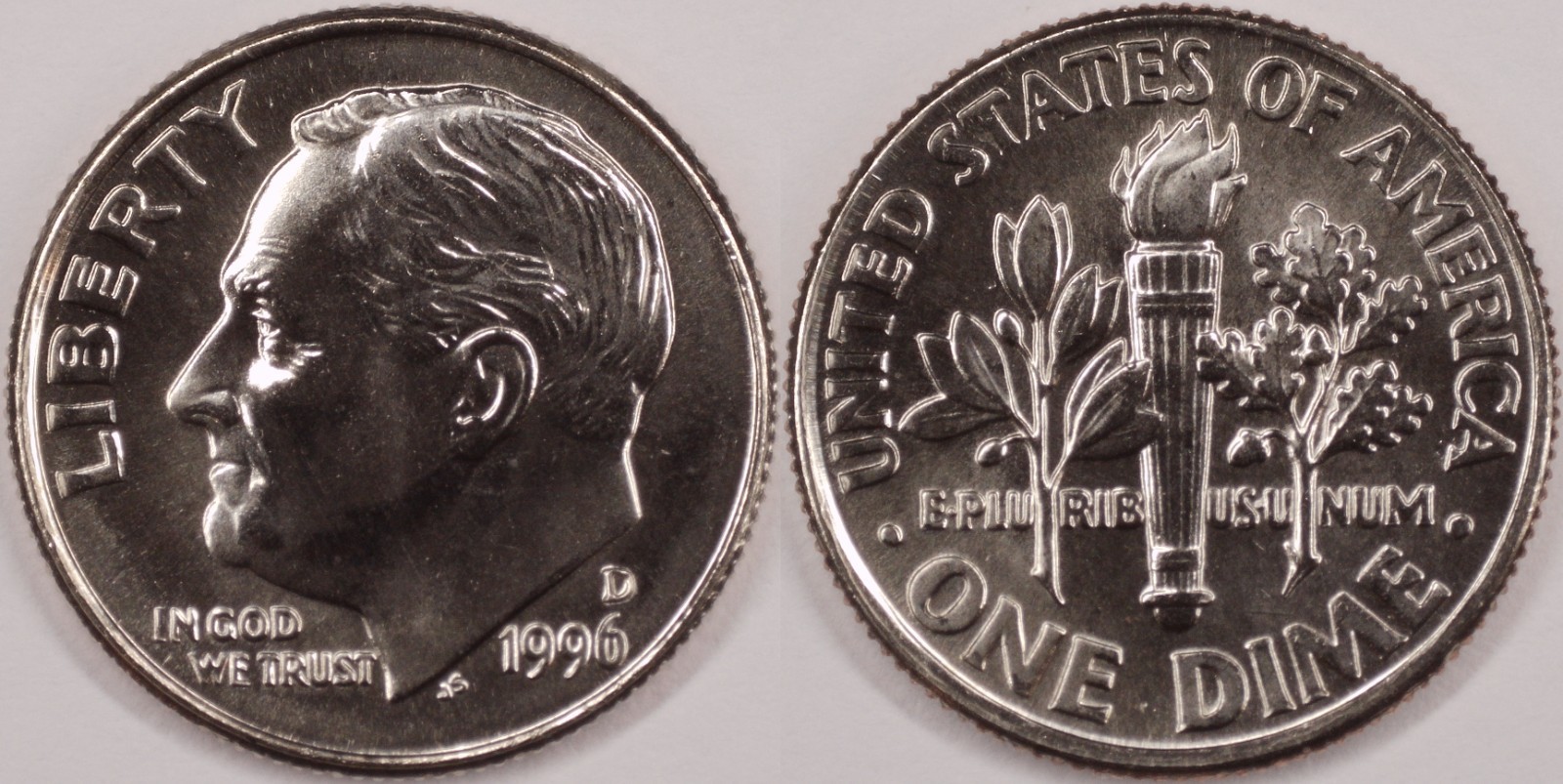 United States 1996 D 10 Cents Roosevelt Dime KM#195a Clad Torch Olive Oak Branch