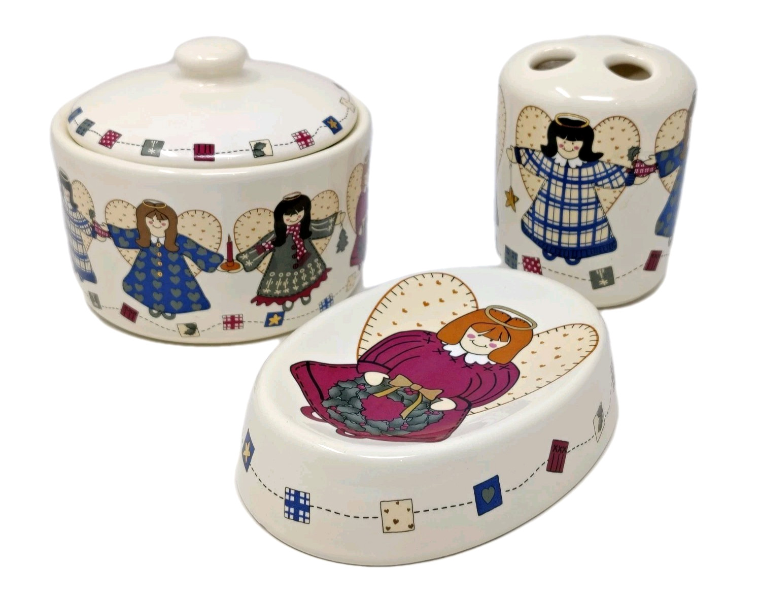 Kohls Folk Art Quilt Angel Bathroom SET Soap Dish Canister Jar Toothbrush Holder