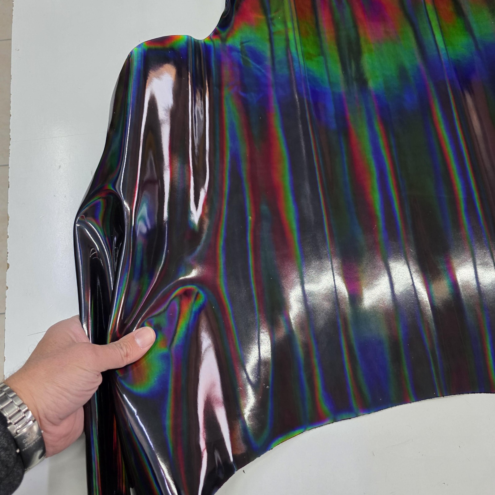 Color Black Iridescent Cow Patent Leather: Holographic Rainbow Glossy Metallic