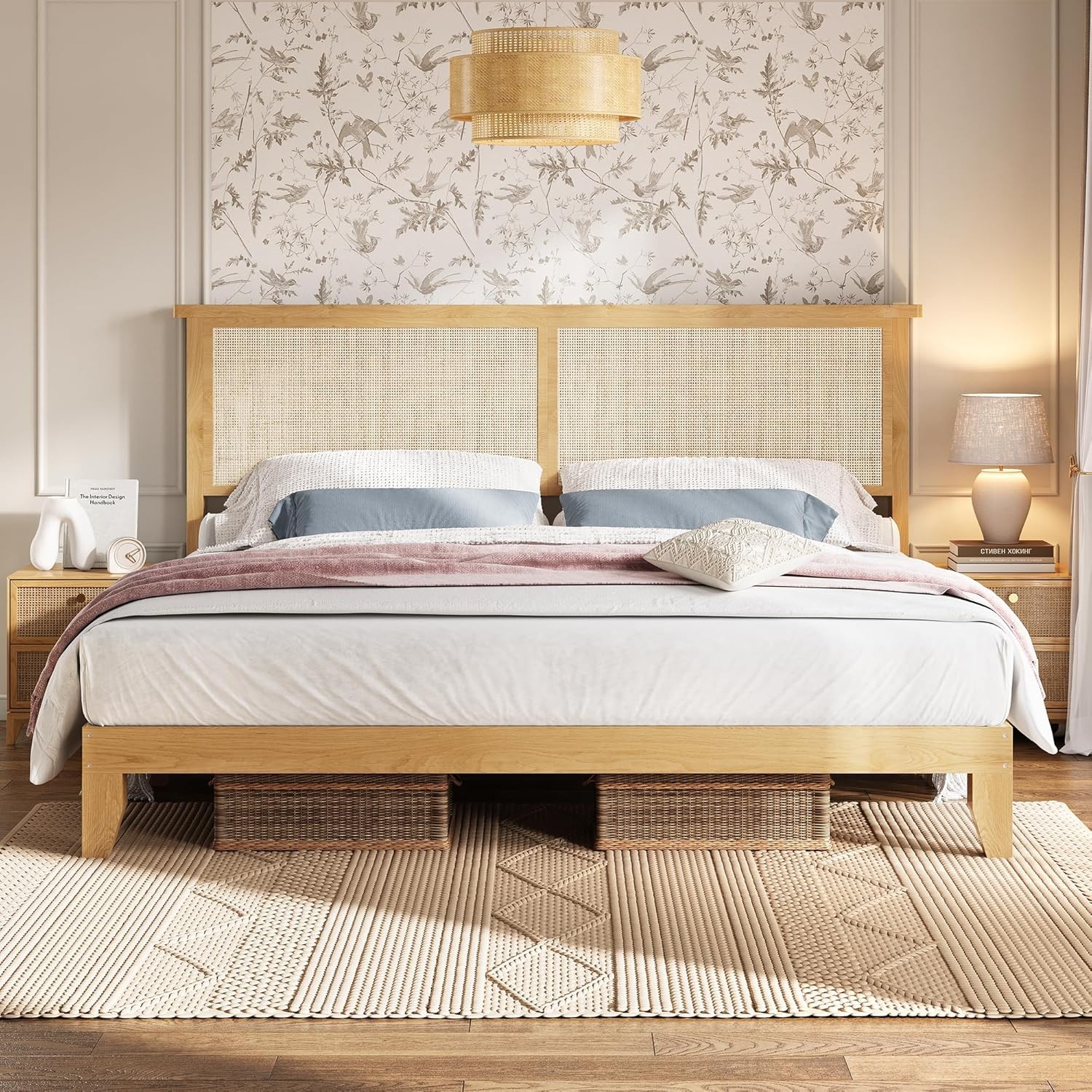 King Size Rattan Bed Frame,with LED Light & Natural Headboard,Easy Assembly NEW