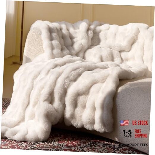 Ultra Soft Cozy Faux Fur Blanket, Fuzzy Plush Thick Bubble Throw Cream White
