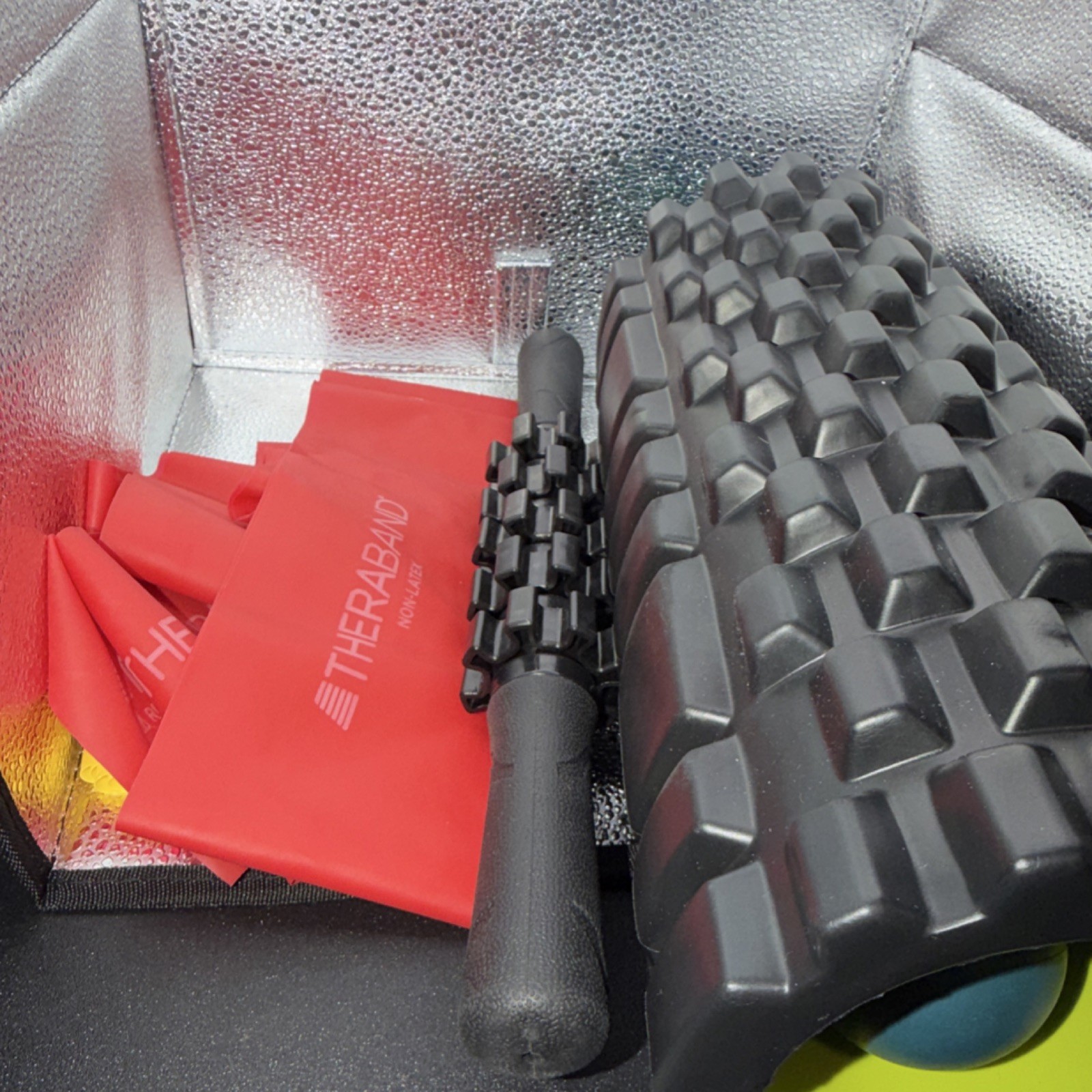 THERABAND Foam Roller Set Black Massage Grid, Massage Stick, Resistance Bands