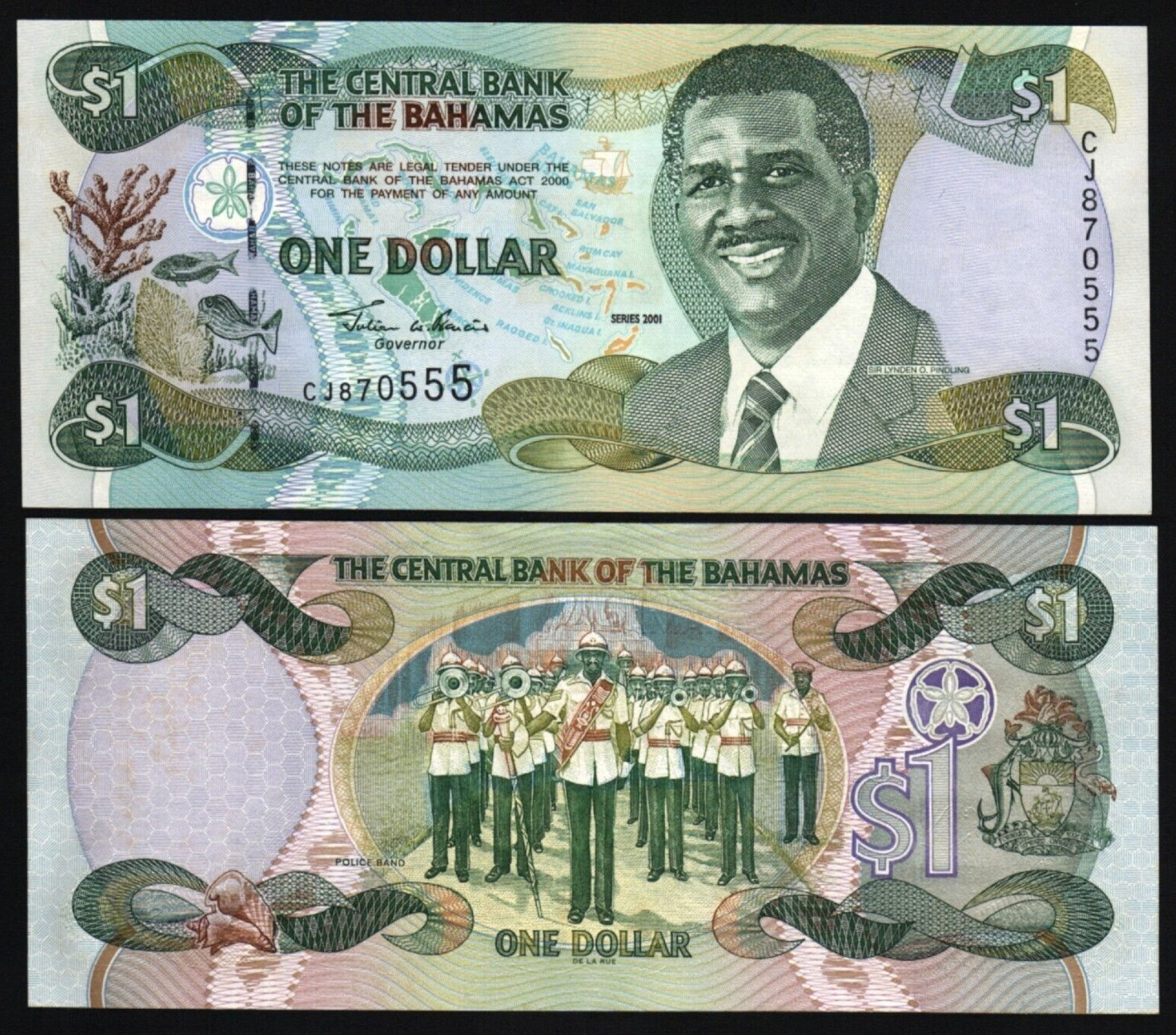 Bahamas 1 DOLLAR P-69 2001 x 1 Police Band Fish UNC Bahamian World Currency NOTE