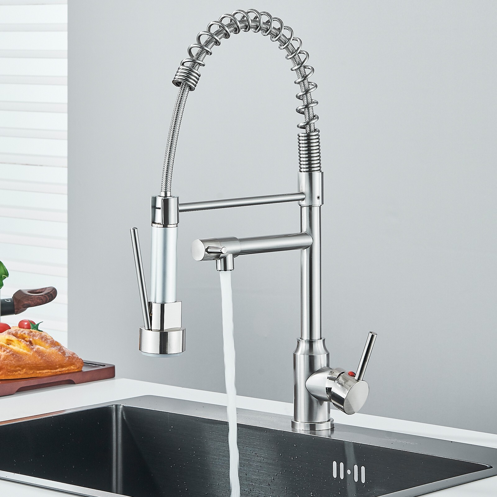 Brushed Nickel Kitchen Faucet with Sprayer Single Handle Pull Down Sink Mixer