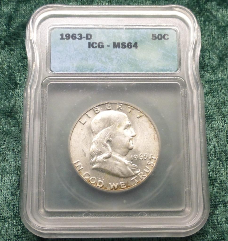 1963 D ICG MS 64 Franklin Silver Half Dollar, United States of America 50C Coin